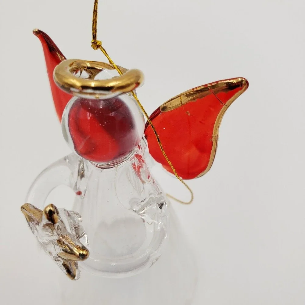 Vintage Glass Angel Ornament Clear Iridescent Body Red & Gold Wings‎ 2.5